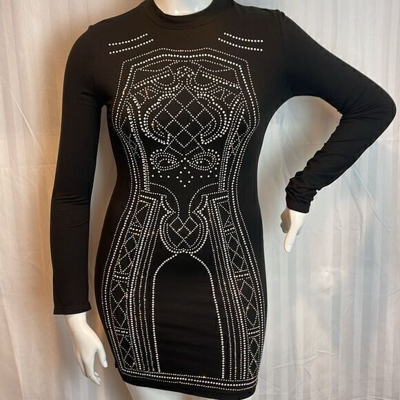 Say What? Rhinestone Embellished Beaded black Bodycon Dress Size L RefI60 - Picture 2 of 9